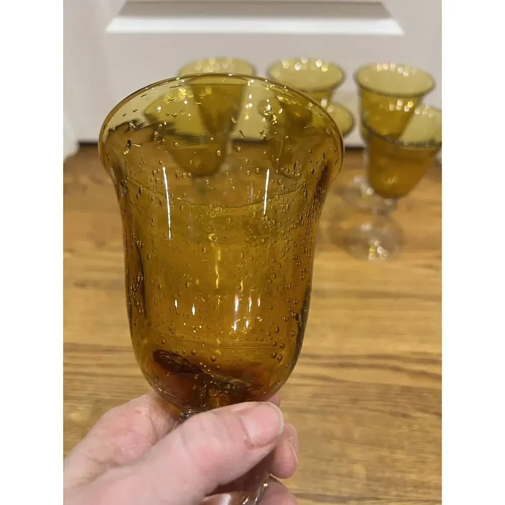 Artland Water Goblets Iris Citrine Amber Set Of 6 Bubbled Bowl Clear Stem‎